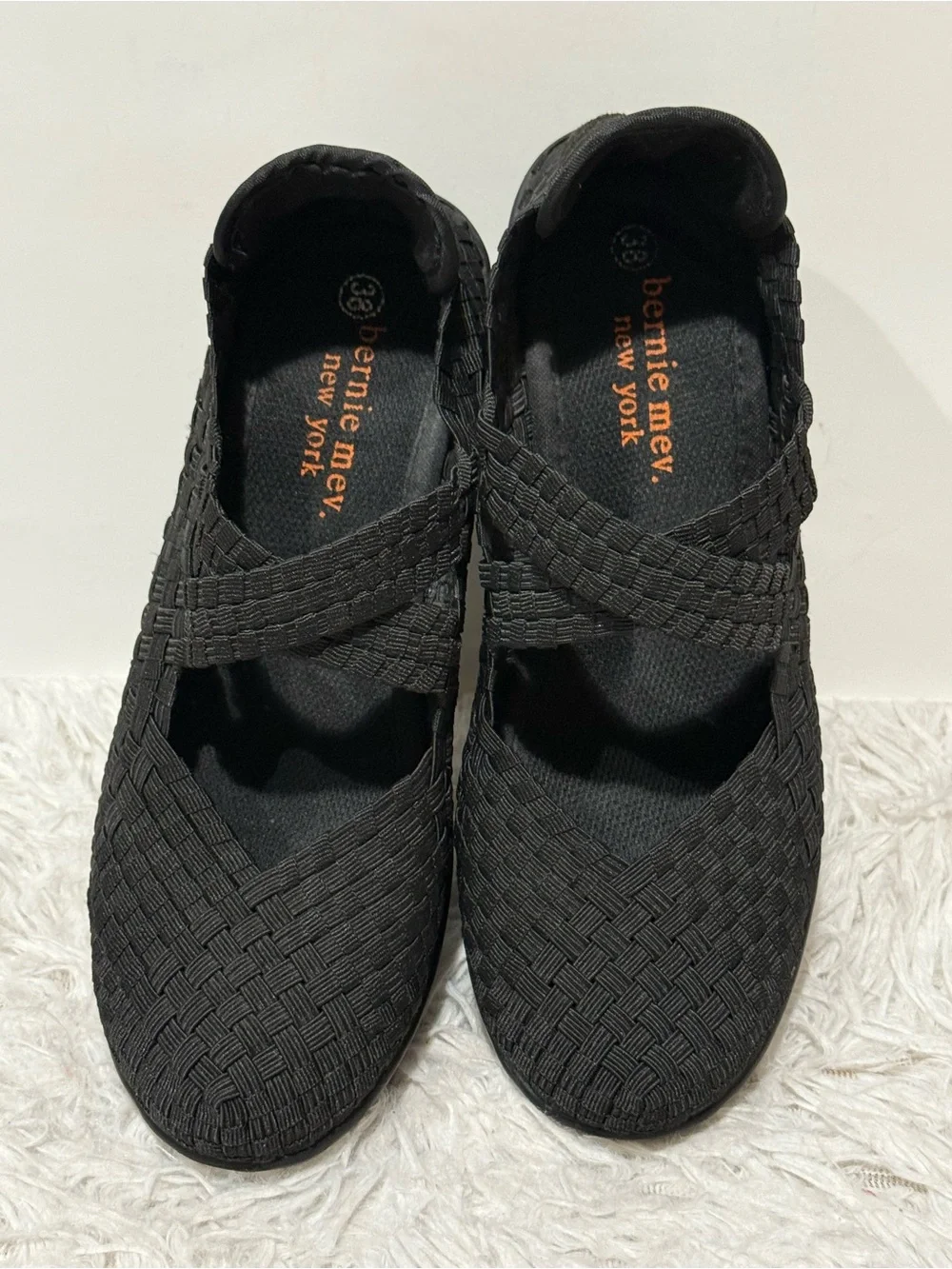 bernie mev. Black Woven Elastic Wedge Sandals Size 38 US7.5
